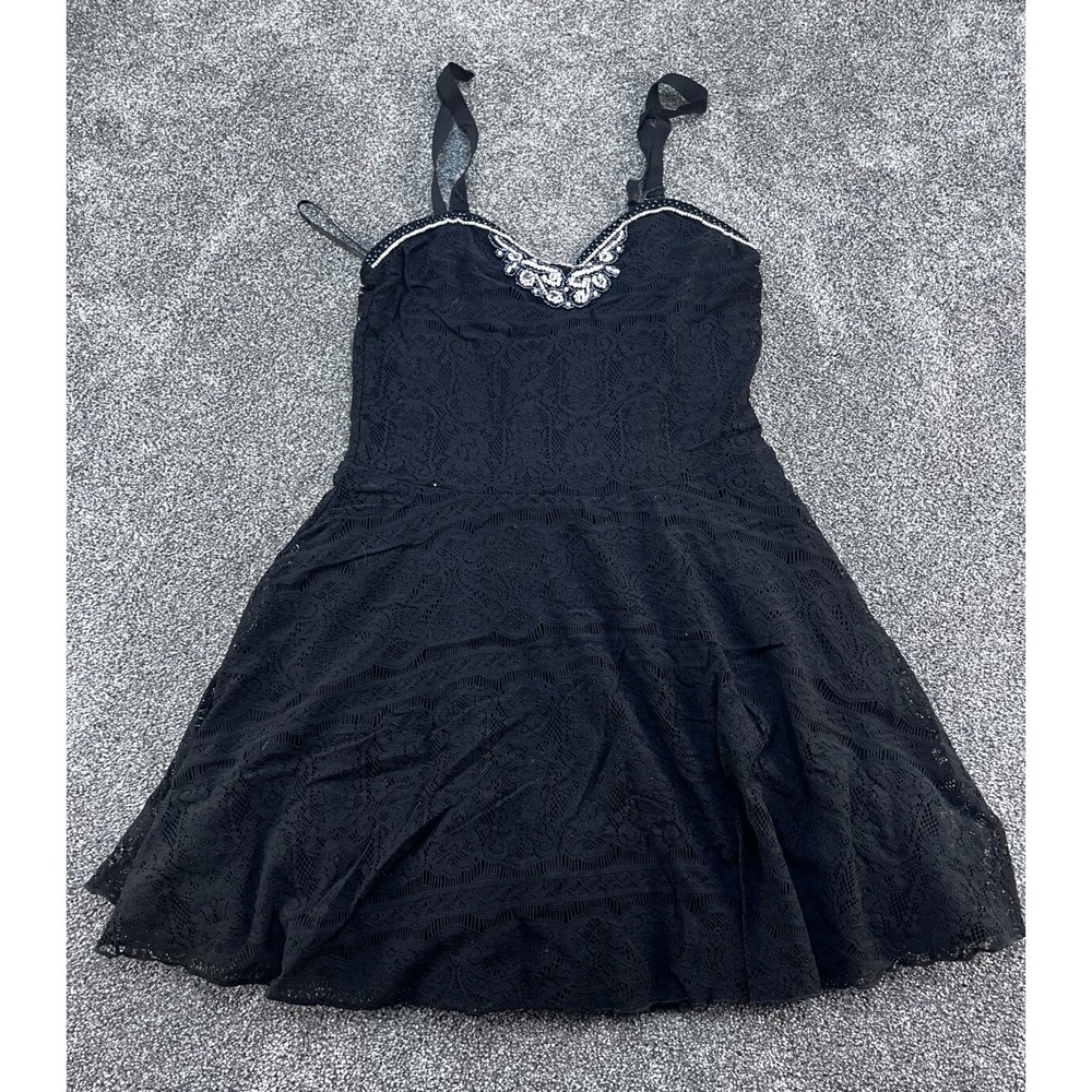 FREE PEOPLE Size M Black Laced Overlay Beaded Mini Dress Adjustable Straps